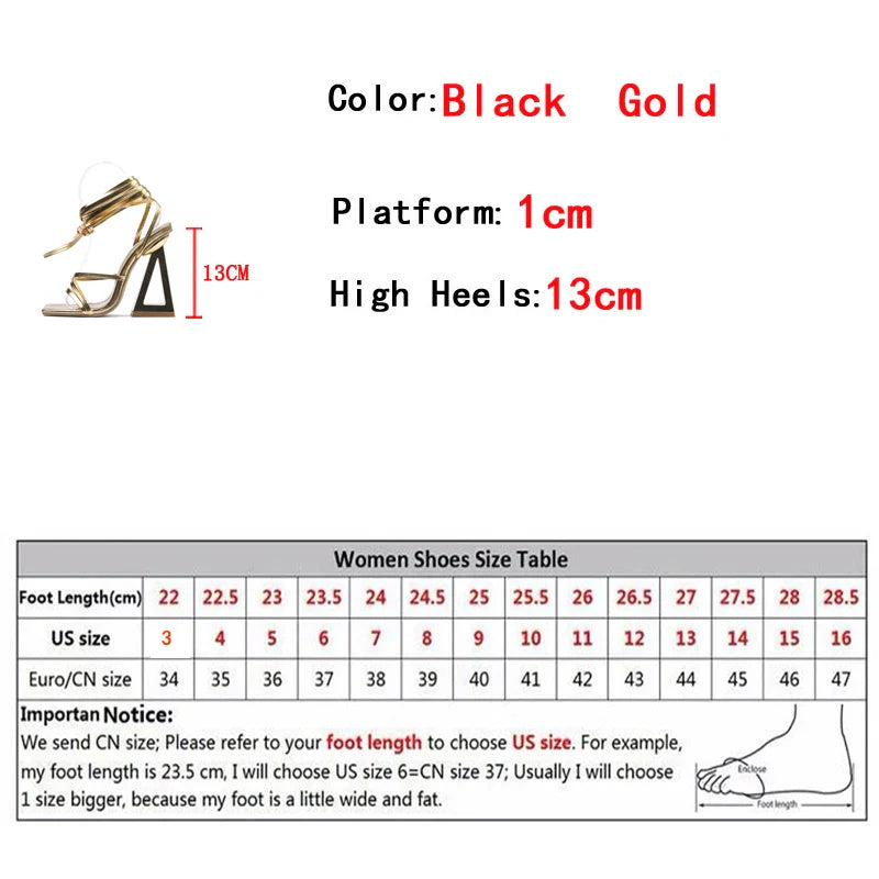 binfenxie New Style Chic Triangle Thick Heels Gladiator Sandals Women Summer Sexy Street Square Toe Cross-Tied Dress Party Gold Shoe