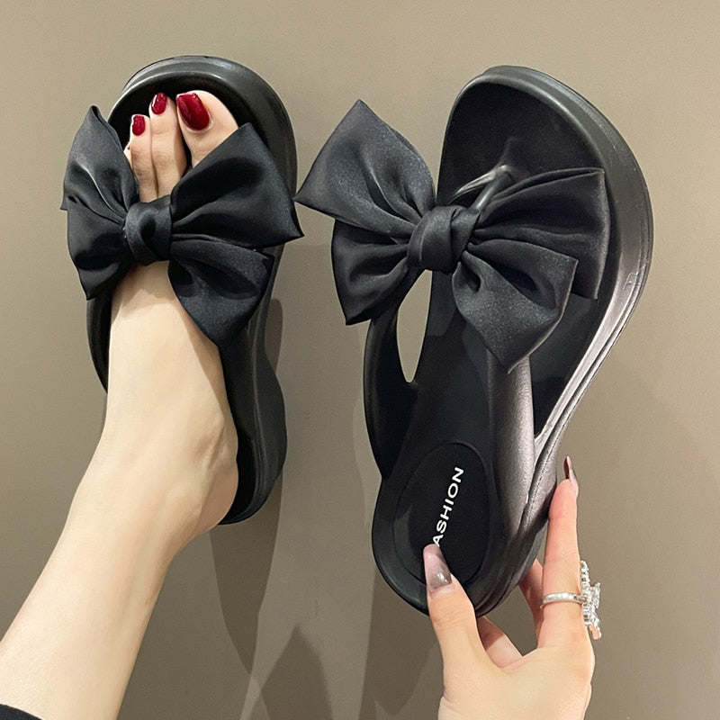 Pink Big Bowknot Wedge Flip Flops for Women Summer Clip Toe Platform Sandals Woman Thick Sole Non Slip Beach Slide Slippers