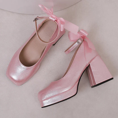 Futurecen Butterfly Knot Square Toe Thick Sole Chunky Heels Women Pumps Solid Color Buckle Strap Mary Janes New Fashion Sweet Ladies Shoes