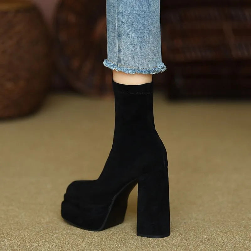 Footwear Chunky Women's Ankle Boots Very High Heels Booties Heeled Short Shoes for Woman Suede Platform Sock with Free Shipping