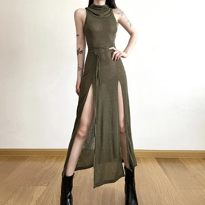 binfenxie Cyber Gothic Desert Walker Hooded Dresses Y2k Punk Grunge Hollow Out Midi Dress Women Sexy Split Side Solid Streetwear