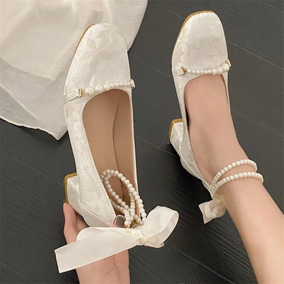 Floral Shoes Women Pumps Pearls Spring Autumn All-match Casual Chinese Style New One Word Buckle Chain String Bead Elegant