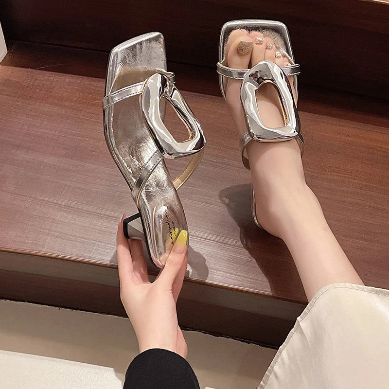 Futurecen Designer Women Clip Toe Slippers Casual Metal Decoration Slides Ladies Outdoor High Heel Sandal Summer Women's Pumps