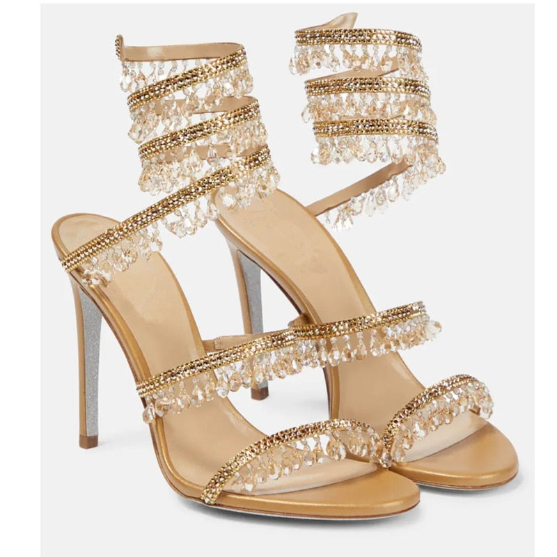 Women's New Rhinestone Sandals Fashion Tassel Crystal Shoes Sexy Nightclub Banquet Party Twining Stiletto Women's Sandals