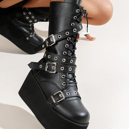 Punk Metal Buckle Platfom Ankle Boots Women  Autumn PU Leather Chunky Heels Gothic Shoes Woman Thick Bottom Motorcycle Botas