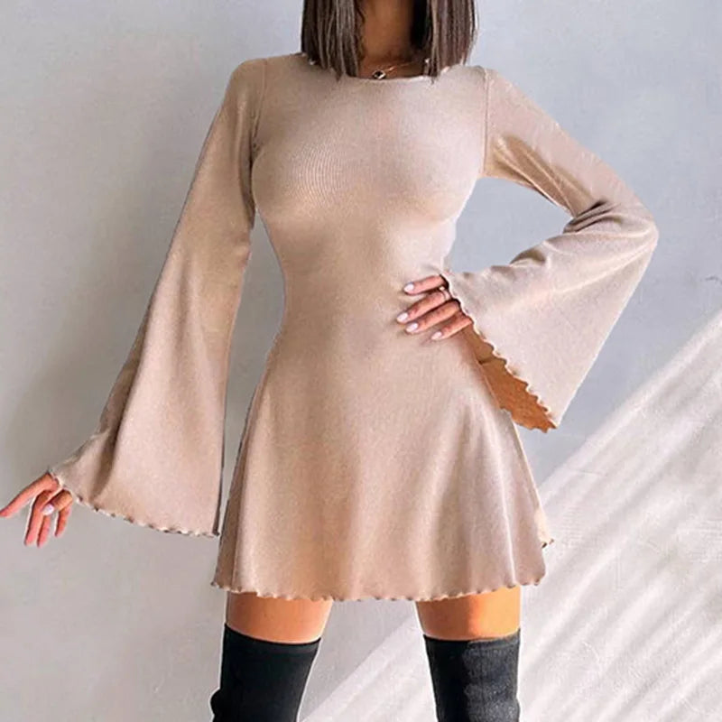 binfenxie Black Autumn Mini Dress Women Streetwear Fashion Lace-up Backless Sexy Flare Sleeve A-LINE Dress Casual Elegant Club Partywear