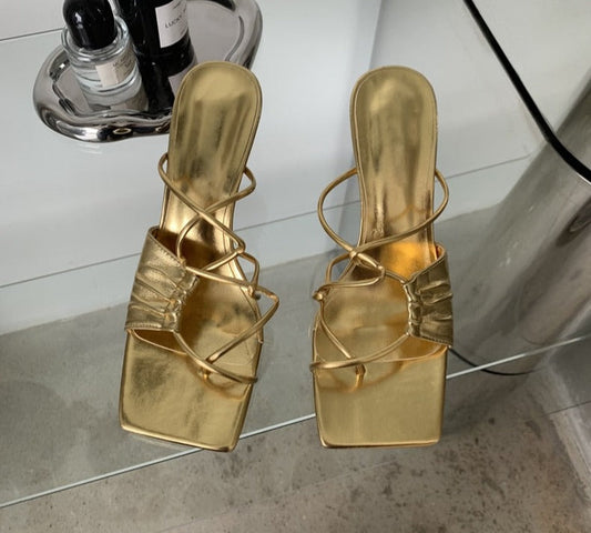 Gold Narrow Band Women Slipper Female Square Pinch Toe Square Heel Low Heel Slides Sandal Flip Flops mujer Shoes