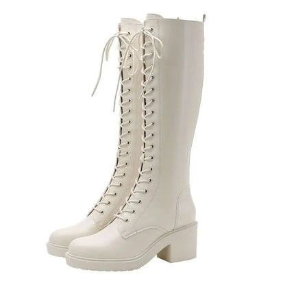 Footwear Long Ladies Boots Elegant Heeled High Heels Shoes for Women Lace-up Winter Knee Shaft with Laces White Spring Autumn Pu