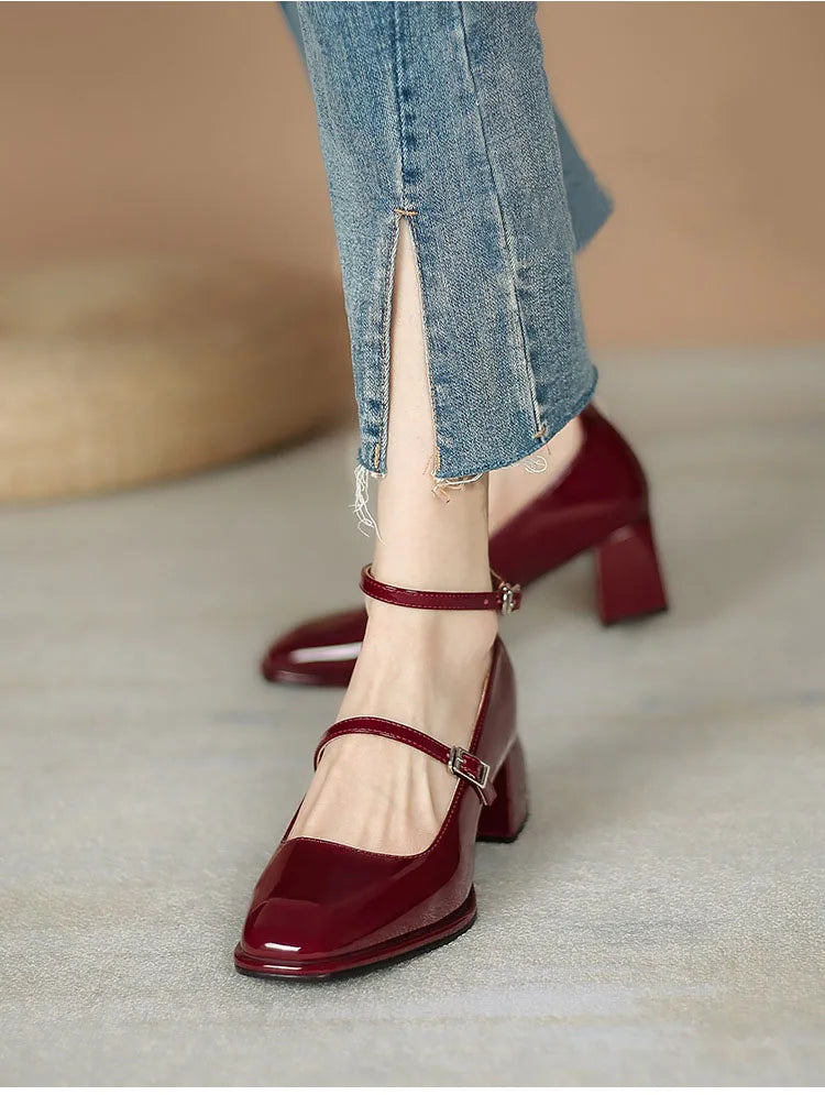 Women heels Shoes Mary Jane Shoes Woman Pumps Patent Leather High Heels Dress Shoes Red Wedding Shoes Spring  Double Buckle