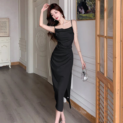 Summer New Slip Satin Midi Dresses for Women Elegant Fashions Black Bodycon Split Sleeveless Evening Party Female Clothing