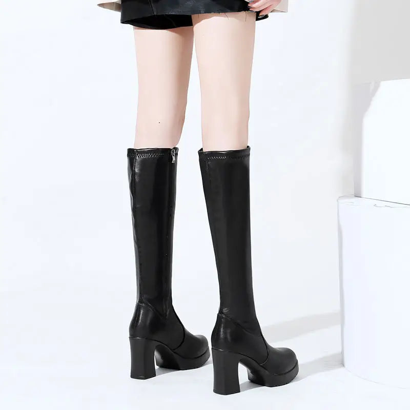 Shoes for Women Leather Very High Heel Footwear Elastic Winter Knee Shaft Ladies Boots Long Platform Novelty Demi-season Pu