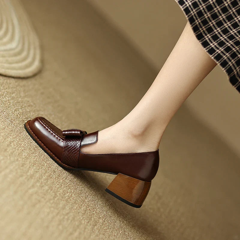 New Fashion Women Pumps Square Toe Thick Heels Genuine Leather Shoes Woman Spring Summer Office Ladies High Quality Shoes