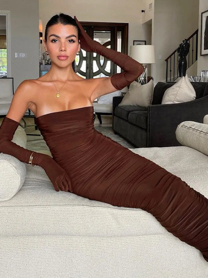 Brown Strapless With Cuff Sleeve Long Dress For Women Gown Summer Off-shoulder Backless Ruched Maxi Dress Vestido