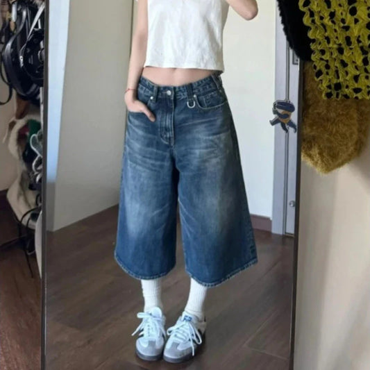 binfenxie Baggy Y2k Jorts Vintage Loose Knee Length Shorts Jeans Streetwear Oversized Wide Leg Denim Pants America Casual Trousers