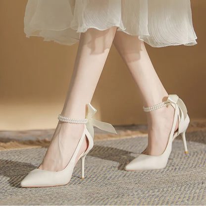 Elegant Ladies White Pearls Ankle Strap Pumps for Wedding Women Silk Back Bowtie High Stiletto Heeled Shoes Woman Spring