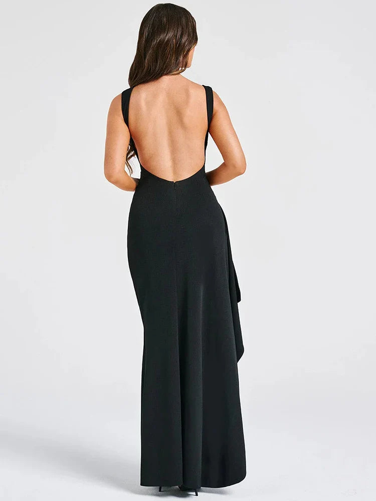 Elegant Backless Sexy Maxi Dress For Women Fashion New O Neck Sleeveless Thigh High Split Club Party Long Dress