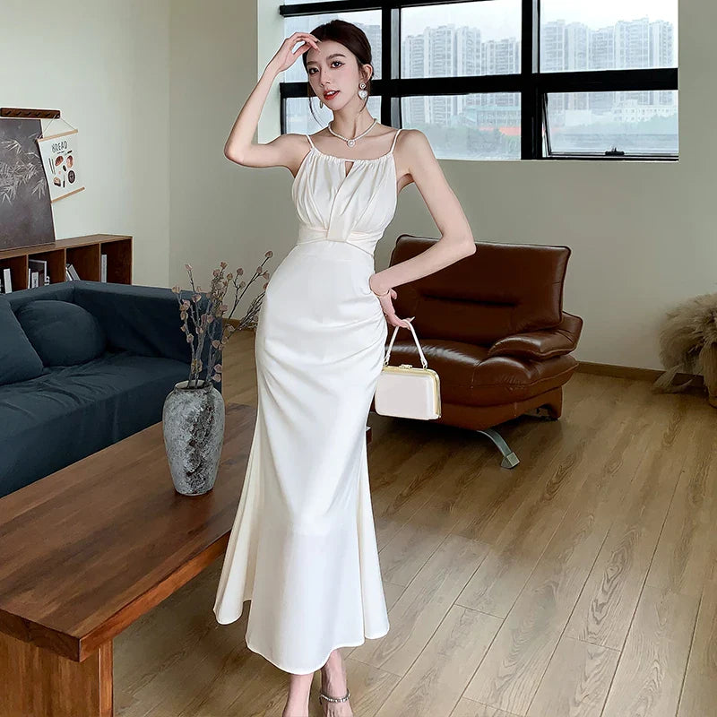 Summer New Style French Retro Halter Strap Dress for Women, Satin Fish Tail High-Level Feeling Long Dress with Design Sense