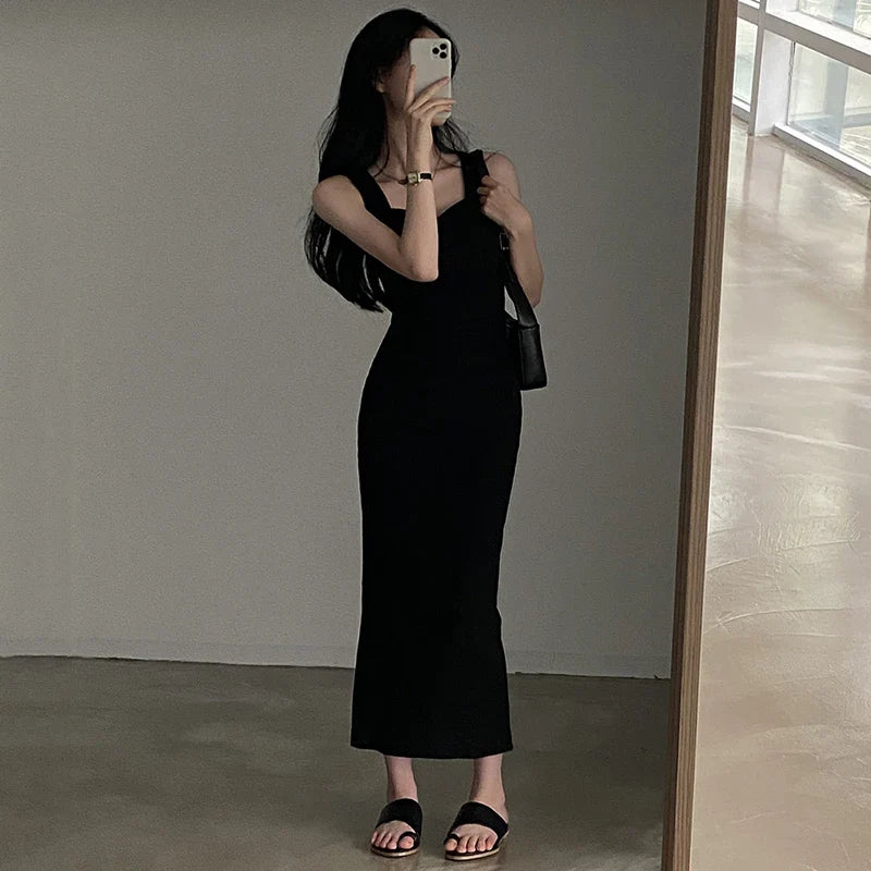 binfenxie Basic Knit Long Dress Korean Fashion Square Collar Sleeveless Women's Dresses Summer Casual Y2k Vintage All-match Outftis