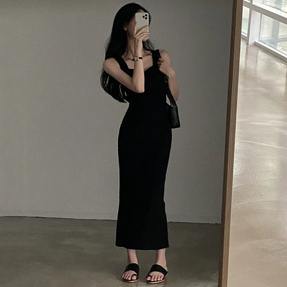 binfenxie Basic Knit Long Dress Korean Fashion Square Collar Sleeveless Women's Dresses Summer Casual Y2k Vintage All-match Outftis