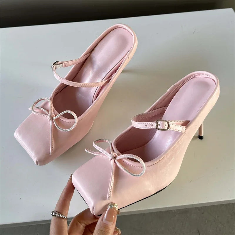 binfenxie  New Design Bowknot Square Toe Women Pumps Sexy Buckle Strap Thin High Heels Banquet Prom Mule Slippers Shoes