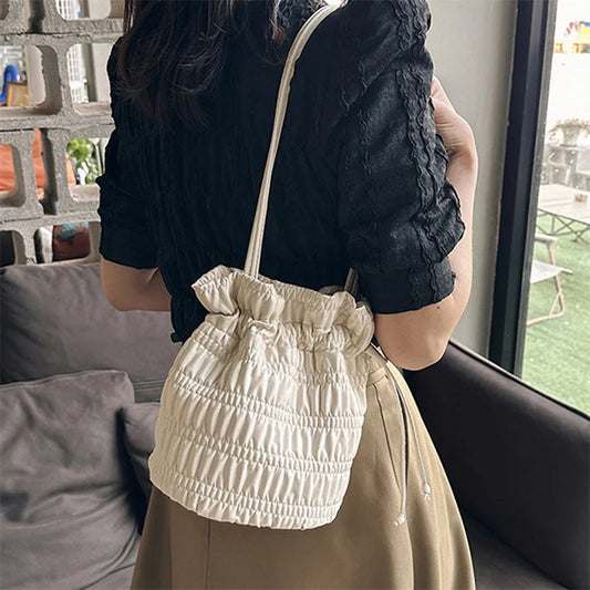 binfenxie Silver Black White Khkai Pink Pleated Women's Bucket Shaped Underarm Bag PU Leather Drawstring Handbags Sewing Y2K Soft Crossbod