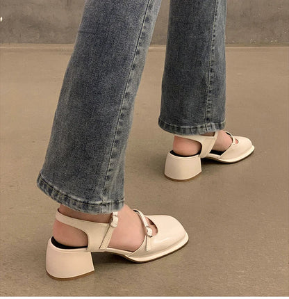 Futurecen New Mary Jane Shoes Buckle Pumps Women Thick Heels Elegant Shallow Square Toe Footwear Fashion Outdoor Lady Shoes