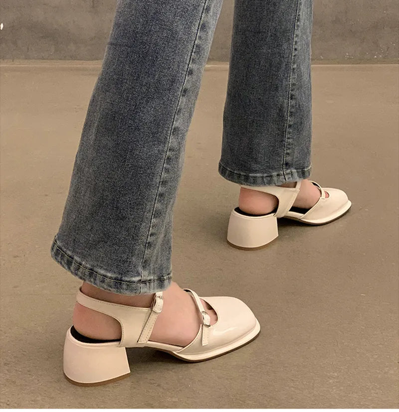 New Mary Jane Shoes Buckle Pumps Women Thick Heels Elegant Shallow Square Toe Footwear Fashion Outdoor Lady Shoes