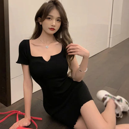 binfenxie Women Summer  Mini Dress  Sexy Hot Girls T ShirtSlim Hip Slim Short Rose Red V-neck Hot Sexy Korean Women Tops