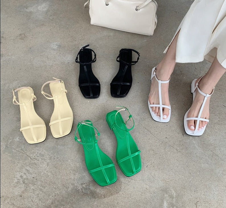 Summer New Brand Women Sandal Fashion Narrow Band Ladies Dress Gladiator Shoes Square Low Heel Ankle Strap Beach Sanda