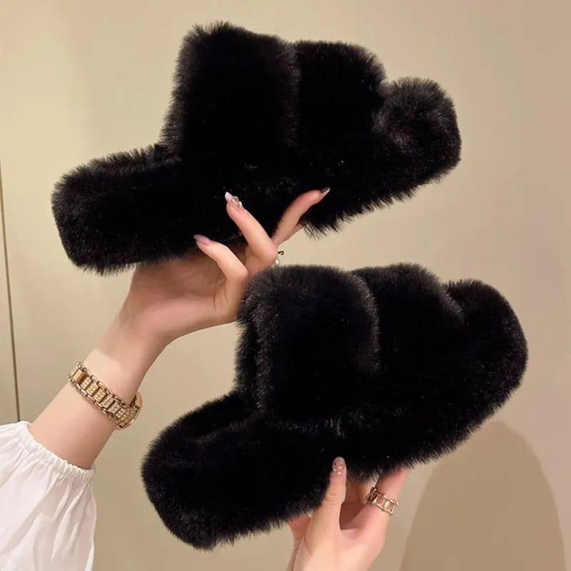 Winter Fluffy Slippers Women New House Home Fur Slippers For Women Flat Platform Cozy Fuzzy Indoor Shoes Korean Slides