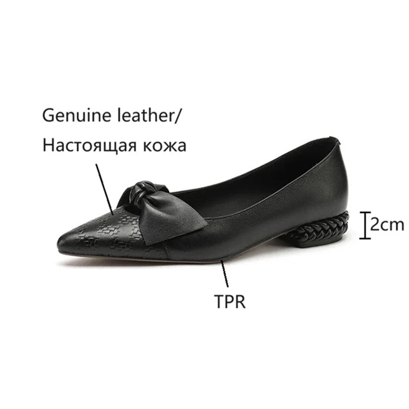 Futurecen  -  NEW Spring/Summer Women Pumps Genuine Leather High Heels Pointed Toe Low Heel Women Shoes Butterfly-knot Lady Shoes Party Shoes