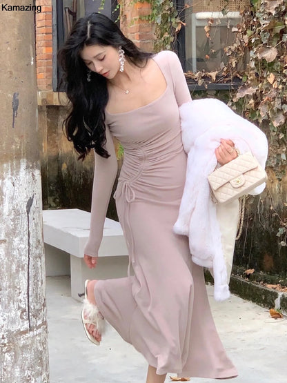 Spring Autumn New Elegant Bodycon Drawstring Dress Women Fashion Wedding Party Mermaid Vestidos Korean Female Corset Y2k Robe