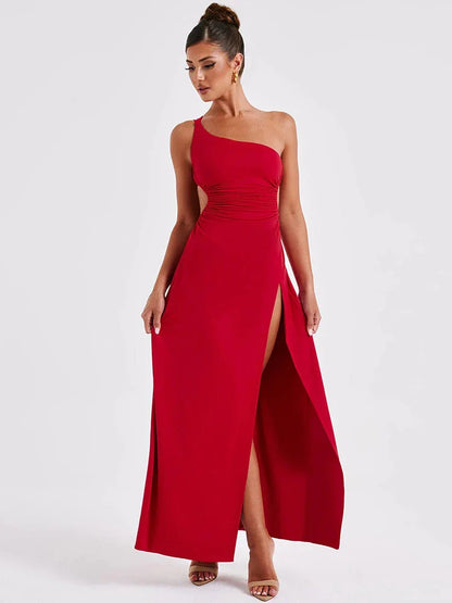 One Shoulder Diagonal Collar Backless Sexy Maxi Dress For Women Robe Fashion Off-shoulder Sleeveless High Split Dress