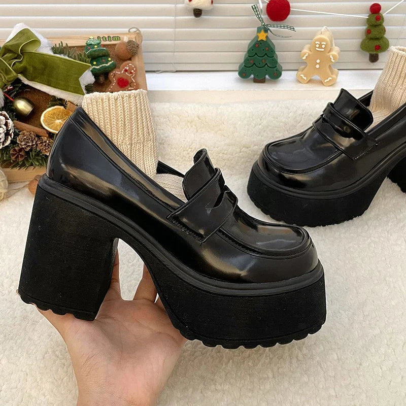 Super High Heels Loafers Women Spring Patent Leather Chunky Platform Pumps Woman Slip On Black Jk Uniform Shoes Mary Janes