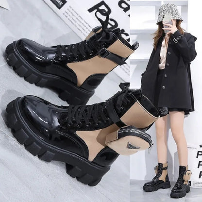 Fashion White Punk Ankle Platform Motorcycle Boots Women Lace Up Chunky Heel Belt Buckle Pocket Designer Shoes Women Boots