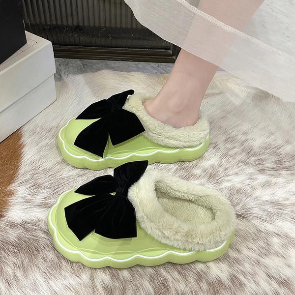 Med Fur Shoes Slippers Casual Slides Cover Toe Platform Slipers Women Butterfly-Knot Plush Luxury Flat 2022 Rome PU Fabric Fashi