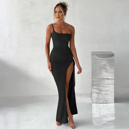 One Shoulder Strap Thigh High Split Maxi Dress For Women Robe Sleeveless Backless Bodycon Sexy Club Party Long Dress