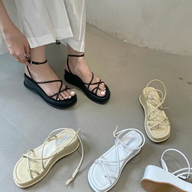 Women Sandals Shoes Thick Bottom Casual Height Increasing Cross-Tied Adult Classics Black White Female Shoes