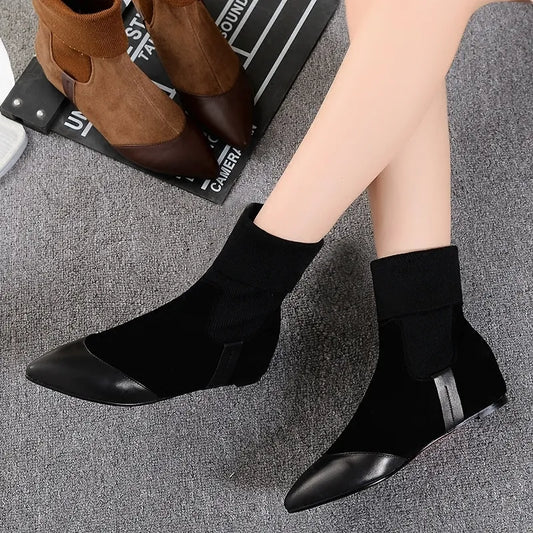 Short Shoes for Women Suede Female Ankle Boots Pointed Toe Footwear Flat Black Booties Designer Luxury with Free Shipping Pu Hot