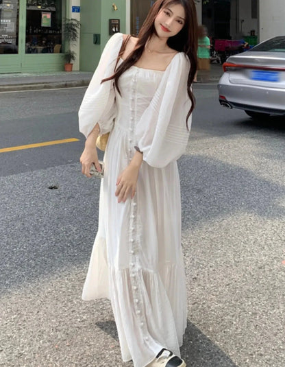 Women Vintage Square Collar White Dress for Autumn New Single Breasted Lantern Sleeved Robe France Elegant Party Vestidos