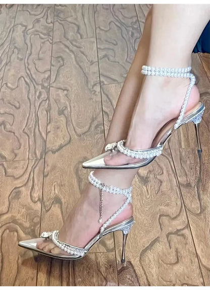 binfenxie Fashion Clear Plexiglass Women Sandals Crystal Pearls Ankle Strap High heels Gladiator Sandals Spring Summer Party Prom Shoes