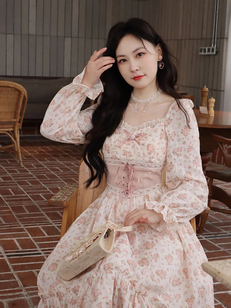 binfenxie Spring Pink Floral Elegant Dress Women Bandage Lace Print Sweet Vintage Dress Puff Sleeve Kawaii Dress Women Princess Fairy