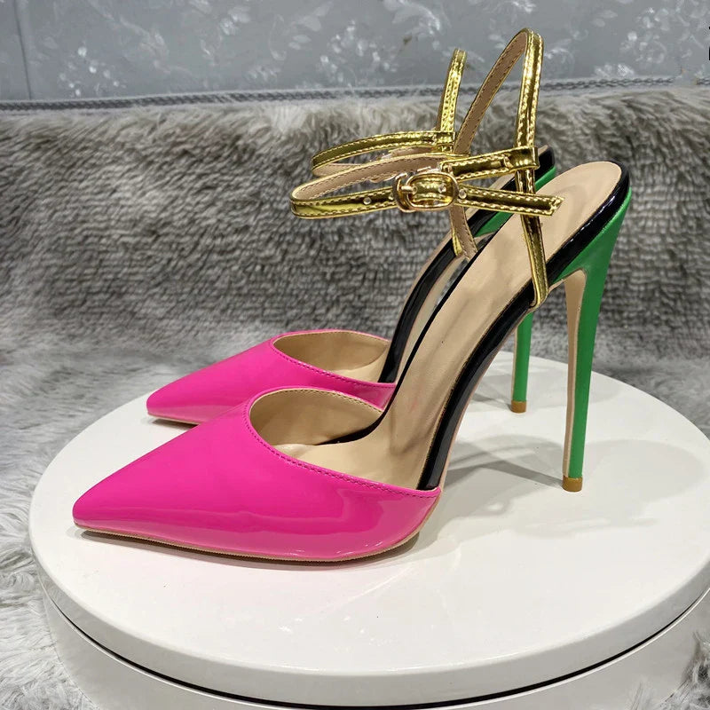 Futurecen  Glossy Fusion Pink Women Ankle Buckles Close Toe Backless Stiletto Sandals 8cm 10cm 12cm High Heels Sexy Ladies Pumps