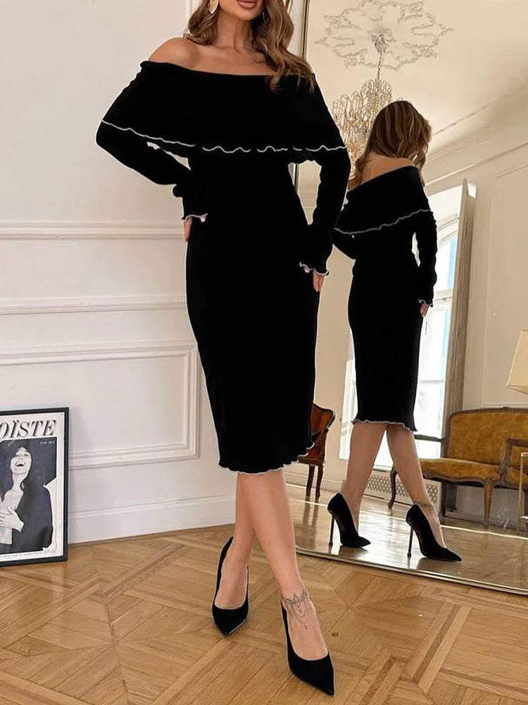 binfenxie Autumn Black Dress For Women New Long Sleeves Slash neck Bodycon Fashion Sexy Stralght Dress Casual Party Club Elegant Dresses