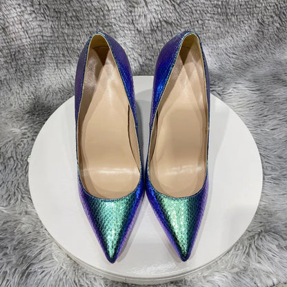 Futurecen Shiny Blue Snakeskin Pattern Women Sexy Pointed Toe Slip On Stiletto Pumps Sparkly Party Night Club High Heel Shoes