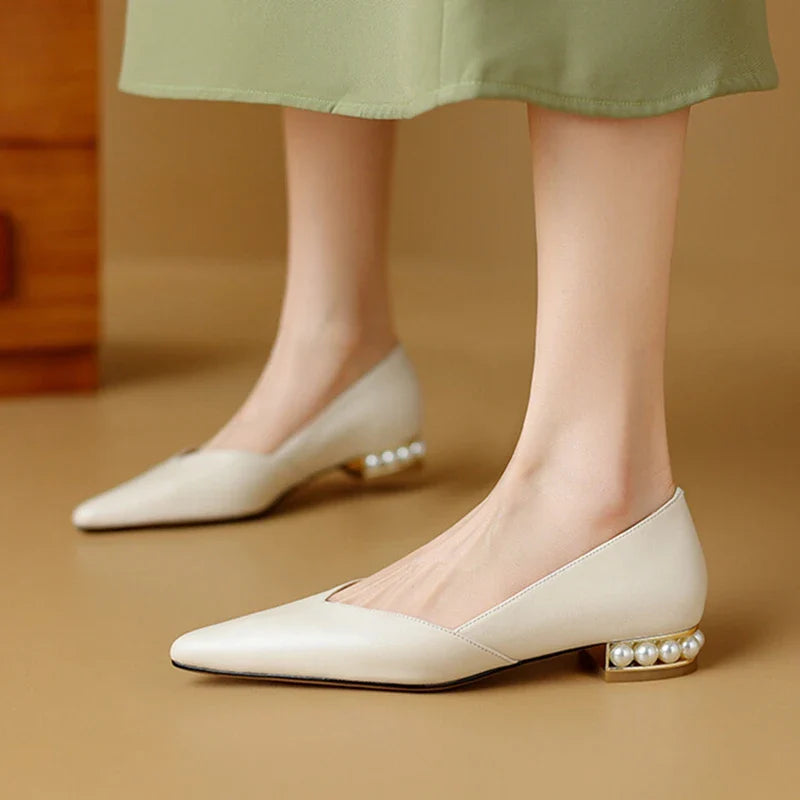 Futurecen  -  NEW Spring Women Pumps Split Leather Shoes for Women Pointed Toe Low Heel Women Pumps Pearl Handmade Shoes Concise Ladies Shoes