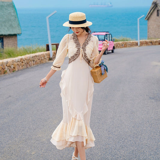 Women Apricot Slip Dress Set, Summer Runway Elegant Vintage French Long Dress with Cape, Beach Vacation Party Dresses