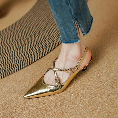 binfenxie Sheepskin Woman Pumps French Style Mules Spring Autumn Simple Shoes Elegant Heel Shoes Woman Gold Silver Summer Sandals