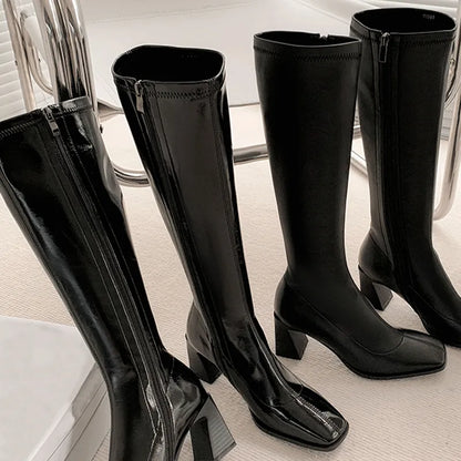 Patent Leather High Heels Long Boots Women  Autumn Square Toe Knee-high Botas Woman Side Zipper Thick Heeled Shoes Female