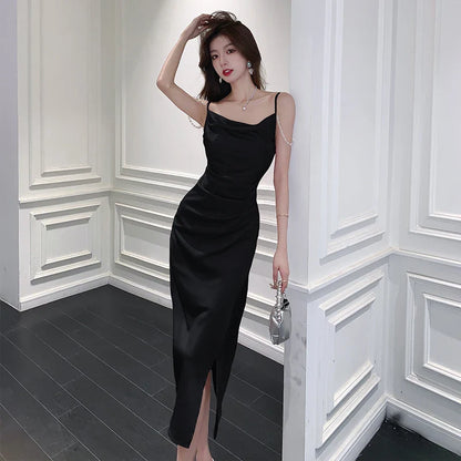 Summer New Slip Satin Midi Dresses for Women Elegant Fashions Black Bodycon Split Sleeveless Evening Party Female Clothing